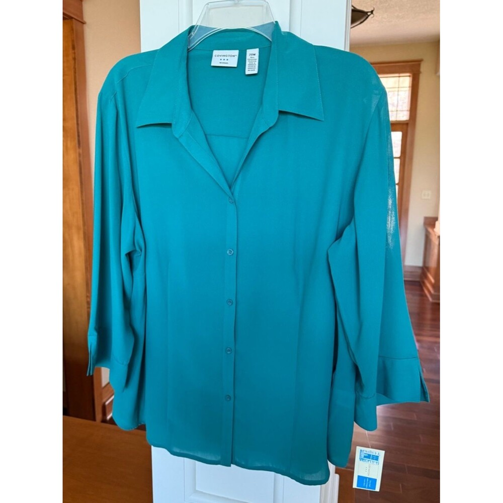Covington NWT Women’s 20W 3/4 Notched Sleeve Teal Button-Front Blouse